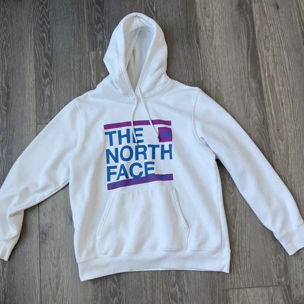 The North Face White Hoodie with Blue & Purple Logo Block